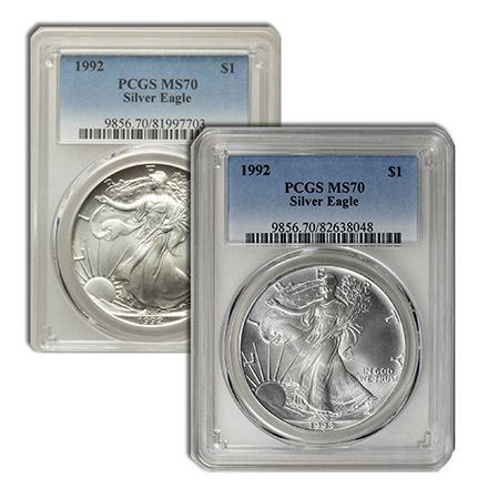 The first two PCGS-graded MS70 1992 American Silver Eagles to cross the auction block in 2012. Images: GreatCollections / Heritage Auctions.