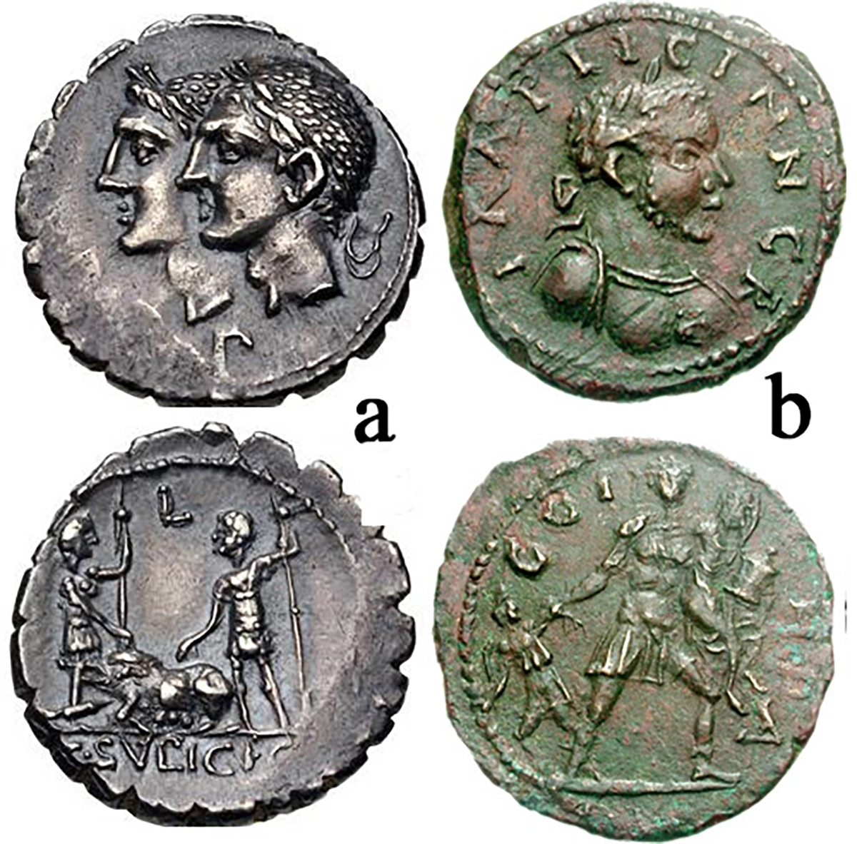 Figure 2: Penates. a) Sulpicius C.r. Galba. 106 BCE. AR Serrate Denarius (18mm, 3.83). Romemint. Jugate and laureate heads of Dei Penates left / Two male figures standing facing one another, each holding a spear and pointing at sow which lies between, L above Crawford 312/1, b) Mysia, Parium. Gallienus. 253-268 CE. AE 27mm (10.31 g.). Laureate and draped bust right / Aeneas, in military outfit, standing facing, head left, holding with his right hand Ascanius and cradling in his left arm Anchises, who has his right arm around Aeneas neck and holds the Penates in his left, Voetli type 25n.