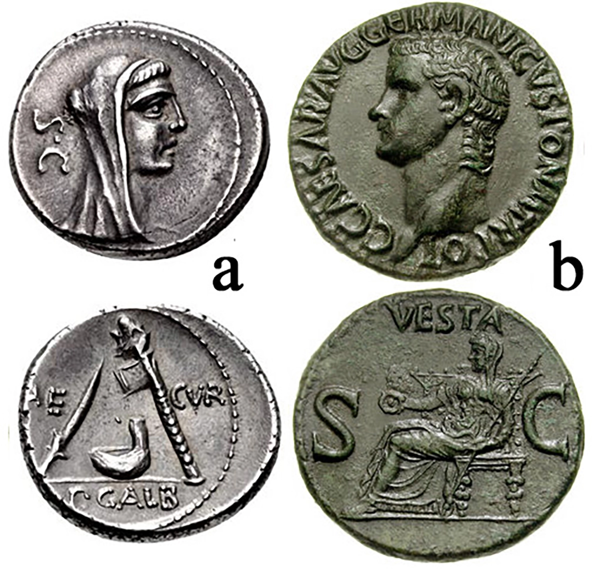 Figure 3: a) P. Galba. 69 BCE. AR Denarius (18mm. 4.06 g.). Rome mint. Veiled and draped bustof Vesta right/Emblems of the pontificate: secesoita. simpulum, and secures, Crawford 406/1; b) Gaius Caligula. 37-41 CE. AE As (27mm, 11.12 gm). Rome mint. Struck 37-38 CE, bare head left/Vesta seated left on throne, holding patera and scepter, RIC 38.