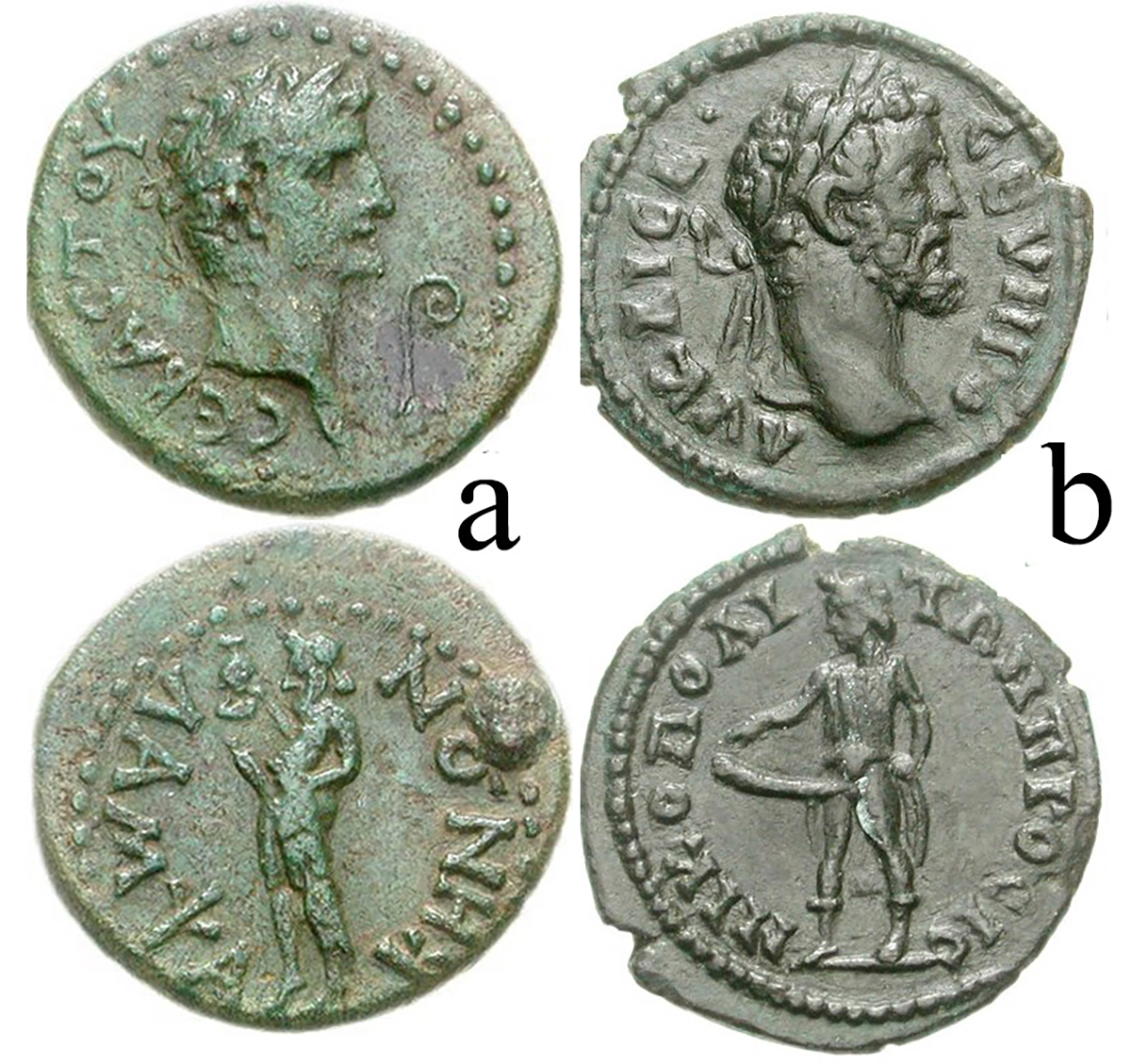 Figure 4: Priapus. a) Mysia, Lampsacus. Augustus. 27 BCE - 14 CE. AE 17mm (3.62 g.). Laureatehead right; lituus to right / Ithyphallic Priapus standing left, holding oenochoe, RPC 2276 (same dies). b) 193-211 CE, AE Assarion (2.86 g.). Niconolis ad Istrum in Moesia Inferior. Laureate head right / Ithyphallic Priapus standing left, pointing downward with right hand at his erect phallus, left hand on hip, AMNG 1380.