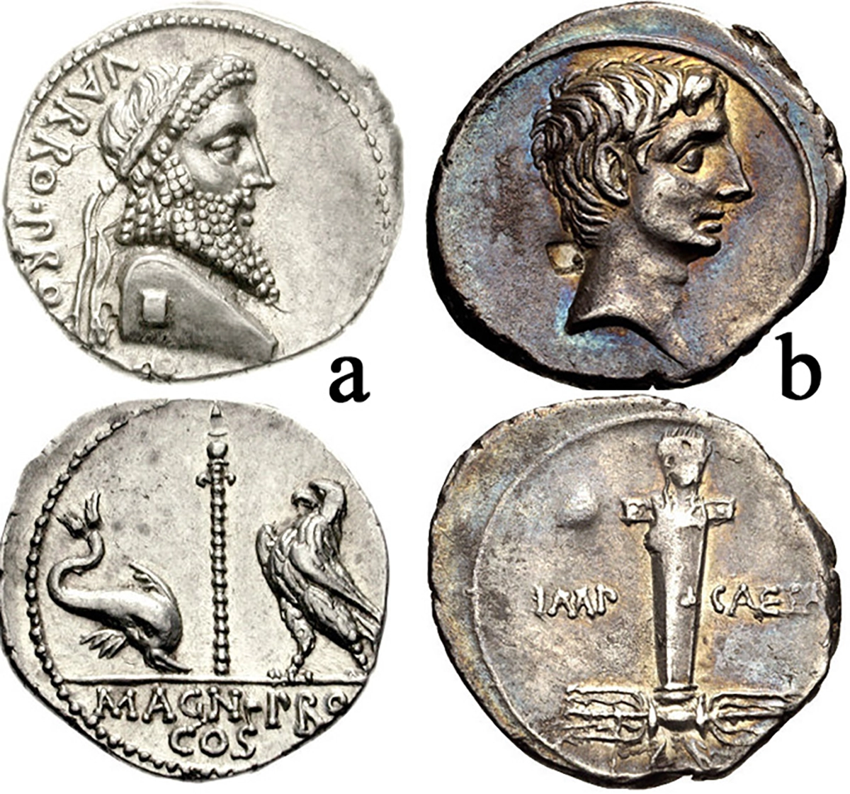 Figure 5: Terminus. a) Pompey the Great. 49 BCE. AR Denarius (18mm, 3.88 g.). Mint movingwith Pompey in Greece. Terentius Varro, proquaestor. Diademed herm of Jupiter Terminus right / MAGN • PRO/COS in two lines in exergue, Dolphin downward to right, scepter, and eagle standing left, all on ground line. Crawford 447/1a. b) Octavian. 30-29 BCE. AR Denarius (19mm, 3.08 g.). Italian (Rome?) mint. Bare head right / Ithyphallic boundary stone surmounted by the laureate head of Octavian facing, winged thunderbolt below, RIC I 269a.