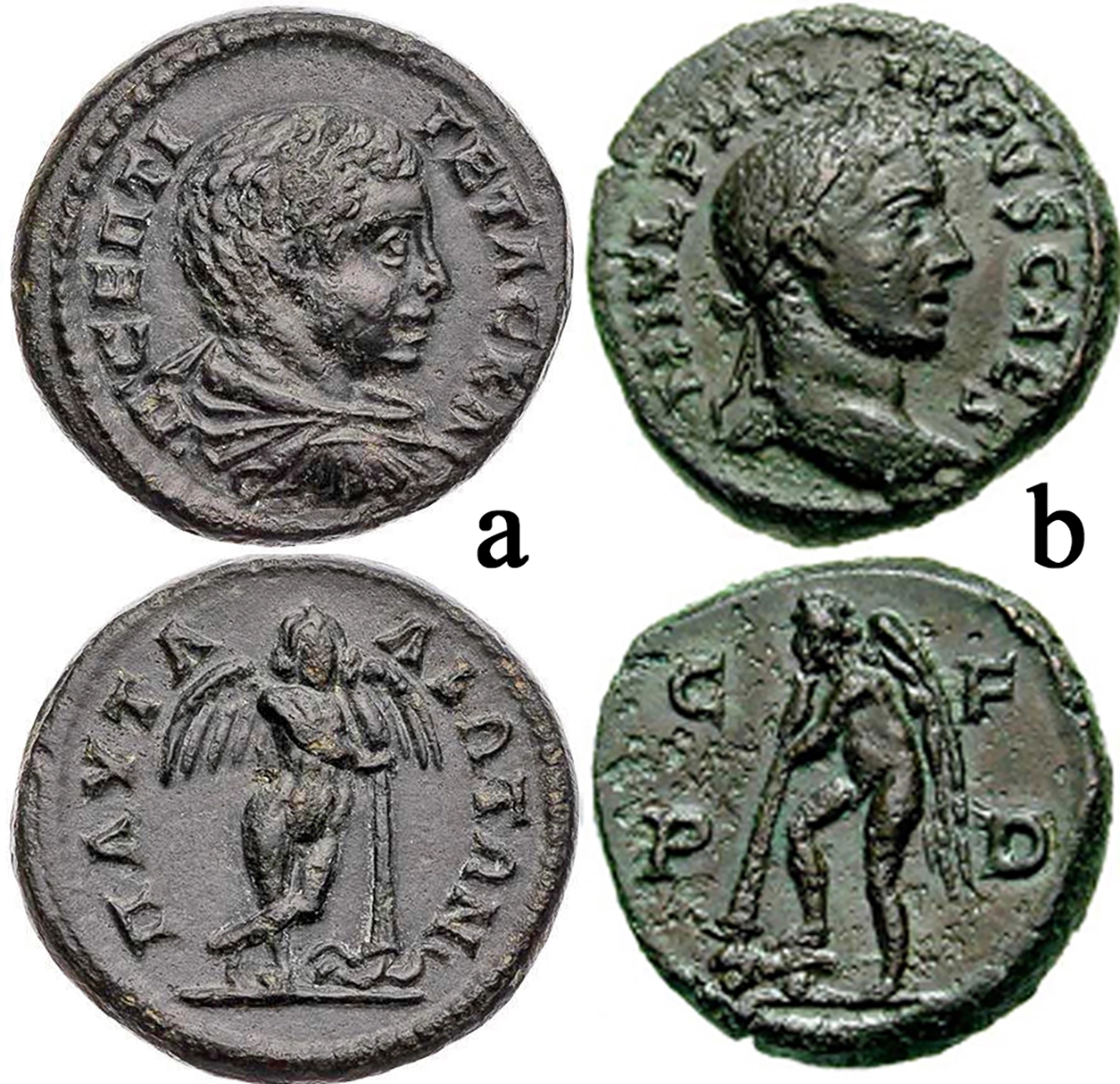 Figure 6: Thanatos. a) Thrace Pautalia, Geta as Caesar, 198-209 CE, AE-Assarion (4.50 g.) Obv:Geta armored and draped bust r. / Thanatos stands facing and leans on a torch, the burning end of which rests on the base, Varbanov I 5465, b) Thrace, Deultum. Philip II. 244-249 CE. AE 18mm (3.67 gm). Laureate head right / Thanatos standing left, leaning on inverted torch, which he extinguishes, Lindgren II & III.