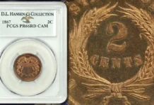 Del Loy Hansen pedigree 1867 Two-Cent Piece in Proof. Image: David Lawrence Rare Coins.