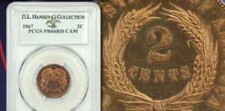 Del Loy Hansen pedigree 1867 Two-Cent Piece in Proof. Image: David Lawrence Rare Coins.