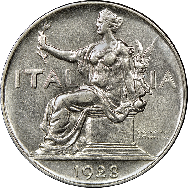 Italy 1928 1 Lira. Image: NGC.