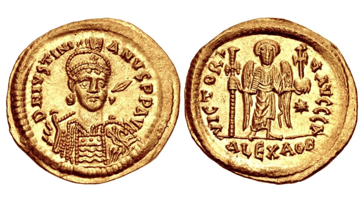 Justinian I. 527-565. Gold Solidus Alexandria mint. Struck circa 527-538. unpublished in standard references. Possibly only the sixth known. 22mm, 4.45 g. Image: CNG.