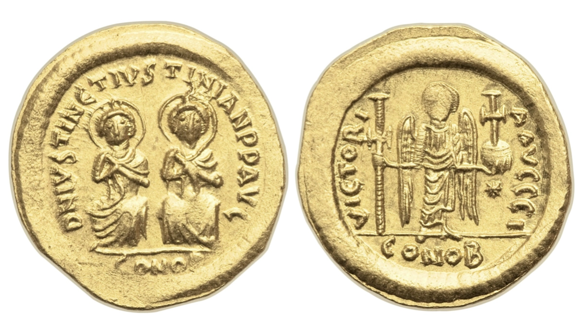 Justin I and Justinian I (4 April-1 August AD 527). Gold solidus. SB 114. 21mm, 4.51 gm.. Image: Heritage Auctions.