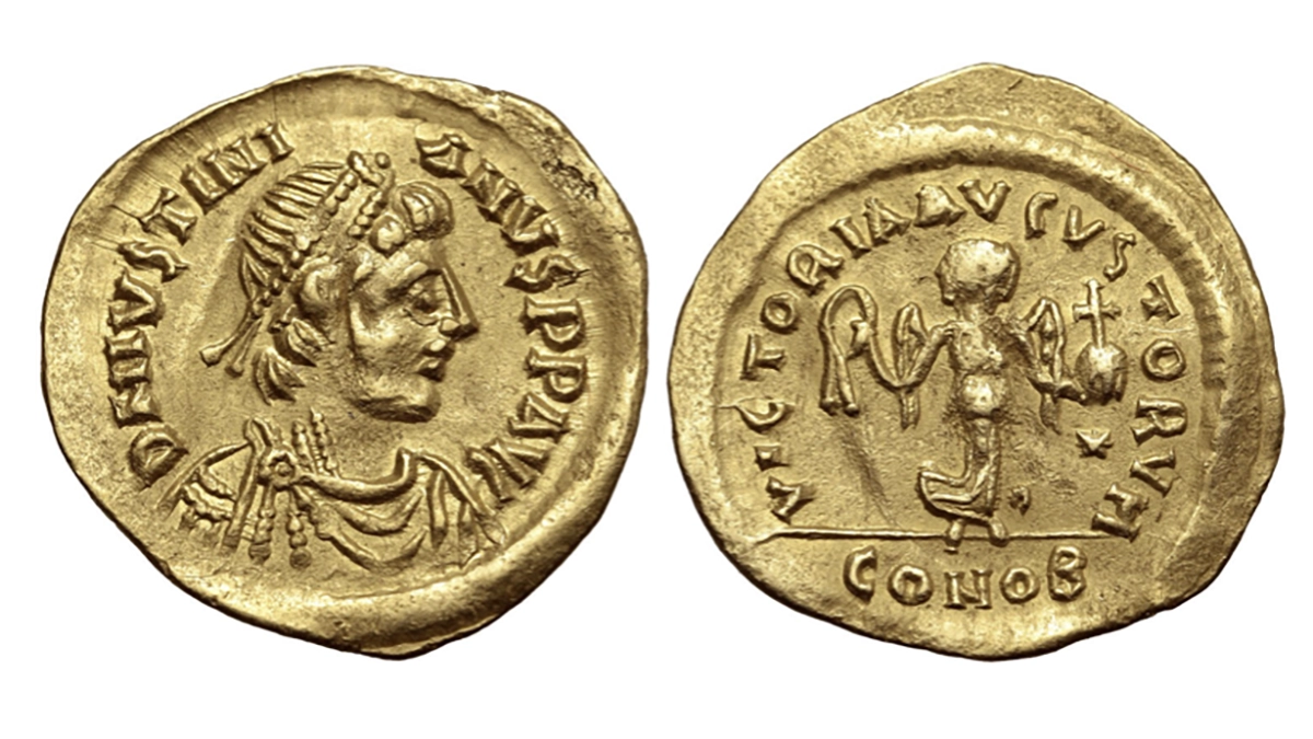 Justinian I Gold Tremissis. Constantinople, AD 527-565.19; 1.50g, 17mm. Sear 145. Image: Roma.