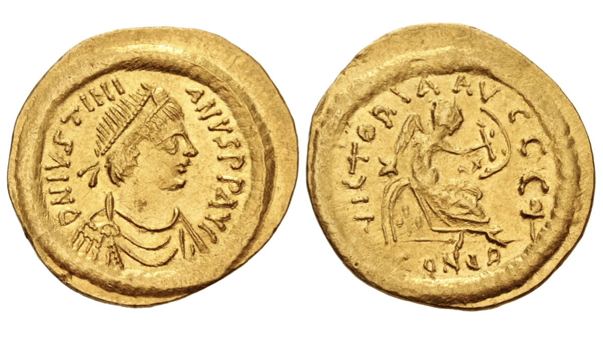 Justinian I. 527-565. Gold Semissis Constantinople. Struck 527-552. 17.5mm, 2.18 g, SB 143. Image: CNG.