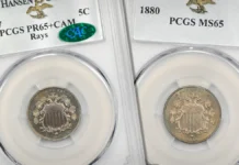 Del Loy Hansen's rare Shield Nickels. Image: David Lawrence Rare Coins.