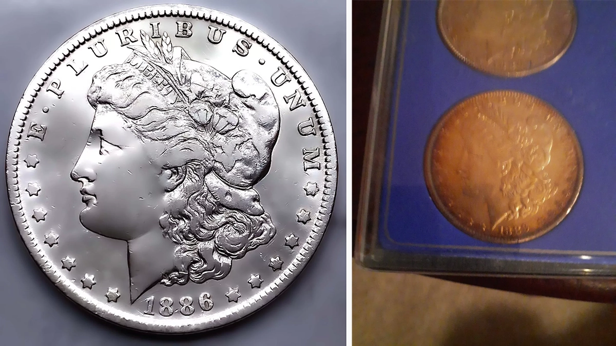 Two examples of bad images posted by eBay sellers. The photo on the left has been over-manipulated by imaging software, resulting in an image that does not accurately depict the coin. This seller also reuses the image for multiple listings, which means that the coin shown is not the coin the buyer ultimately receives. The photo on the right is not properly lit or centered - not to mention out of focus. Experienced buyers would pass on both lots. Image: eBay.