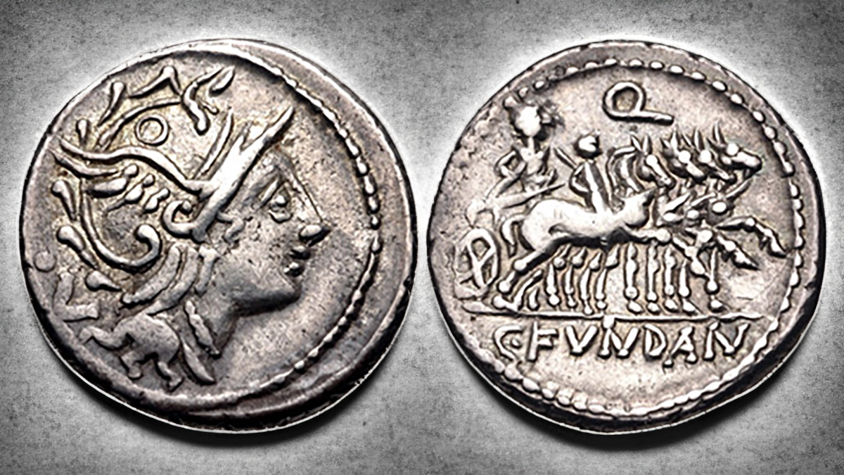 Rome: Republic. C. Fundanius. 101 BCE. AR Denarius (18.5mm, 3.87 g, 7h). Rome mint. Obverse:Helmeted head of Roma right, V (control mark) behind. Reverse: Triumphator in a quadriga (fouro-horse
chariot) right, youth riding the nearest horse and holding laurel branch; Q above, CFUNDAN in exergue.