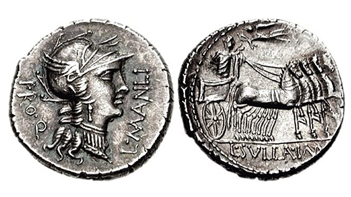 Rome: Republic. L. Manlius Torquatus. 82 BCE. AR Denarius (3.92 g, 6h). Military mint moving with Sulla.Obverse: Helmeted head of Roma right, L MANLI at right, PROQ at left. Reverse: Sulla driving triumphal
quadriga right, crowned by Victory flying left. L SVLLA at bottom.