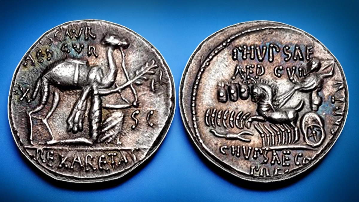 Rome: Republic. M. Aemilius Scaurus and Pub. Plautius Hypsaeus. 58 BCE. AR Denarius (17mm, 4.08 g,6h). Rome mint. Obverse: Nabatean King Aretas kneeling right, holding reins in left hand and olive
branch tied with fillet in extended right hand before camel standing right. [M] • SCAVR over AED CVR
above, EX S C across field, REX ARETAS in exergue. Reverse: / Jupiter driving galloping quadriga left. P
HVPSAE over AED CVR above, CAPTV upwards to right, C HVPSAE CO over PREI in exergue.