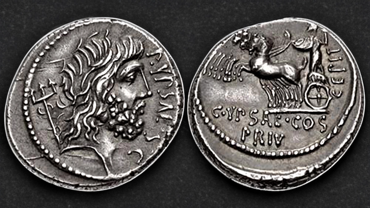 Rome: Republic. P. Plautius Hypsaeus. 57 BCE. AR Denarius (17.5mm, 3.92 g, 3h). Rome mint. Obverse:Head of Neptune right, trident behind. P·VPSAE·S·C at right. Reverse: Jupiter driving galloping quadriga
left, holding reins and hurling thunderbolt. C·VPSAE· COS. Over PRIV at bottom, CEPIT at right.