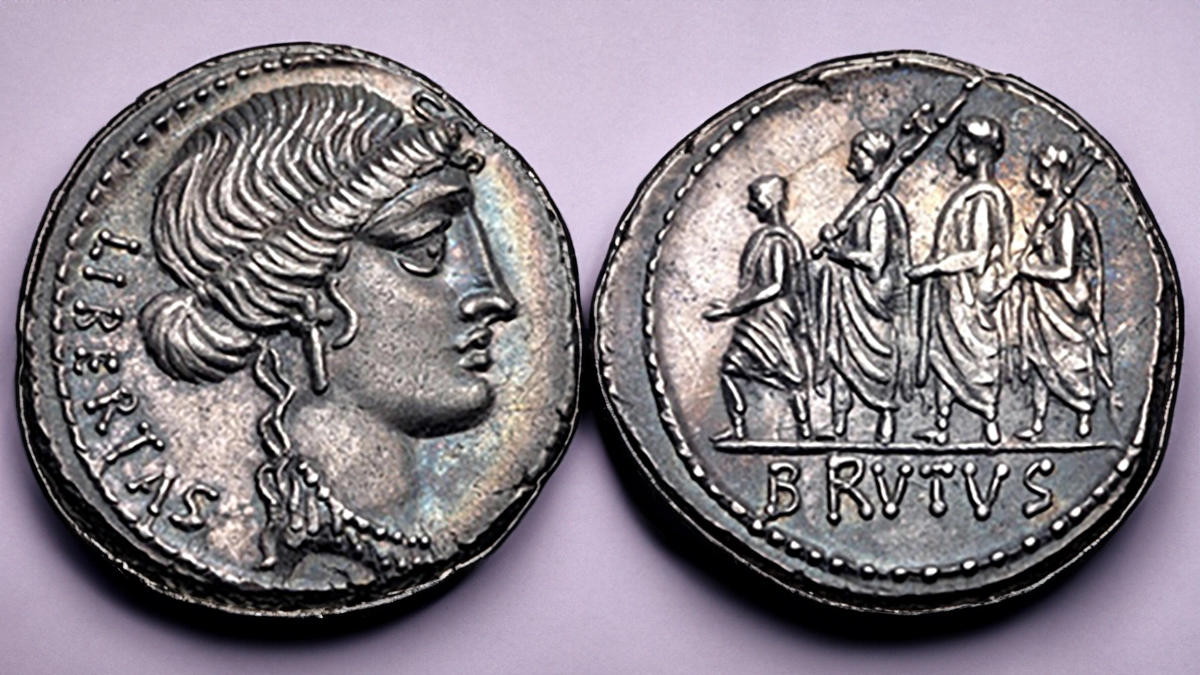 Rome: Republic. Q. Servilius Caepio (M. Junius) Brutus. 54 BCE. AR Denarius (18mm, 4.00 g, 7h). Romemint. Obverse: Head of Libertas right, LIBERTAS at left. Reverse: The consul L. Junius Brutus walking left
between two lictors, each carrying axe over shoulder, preceded by an accensus, BVTVS in exergue. This
coin sold for $1,900 against a $300 estimate at an auction in March 2019.