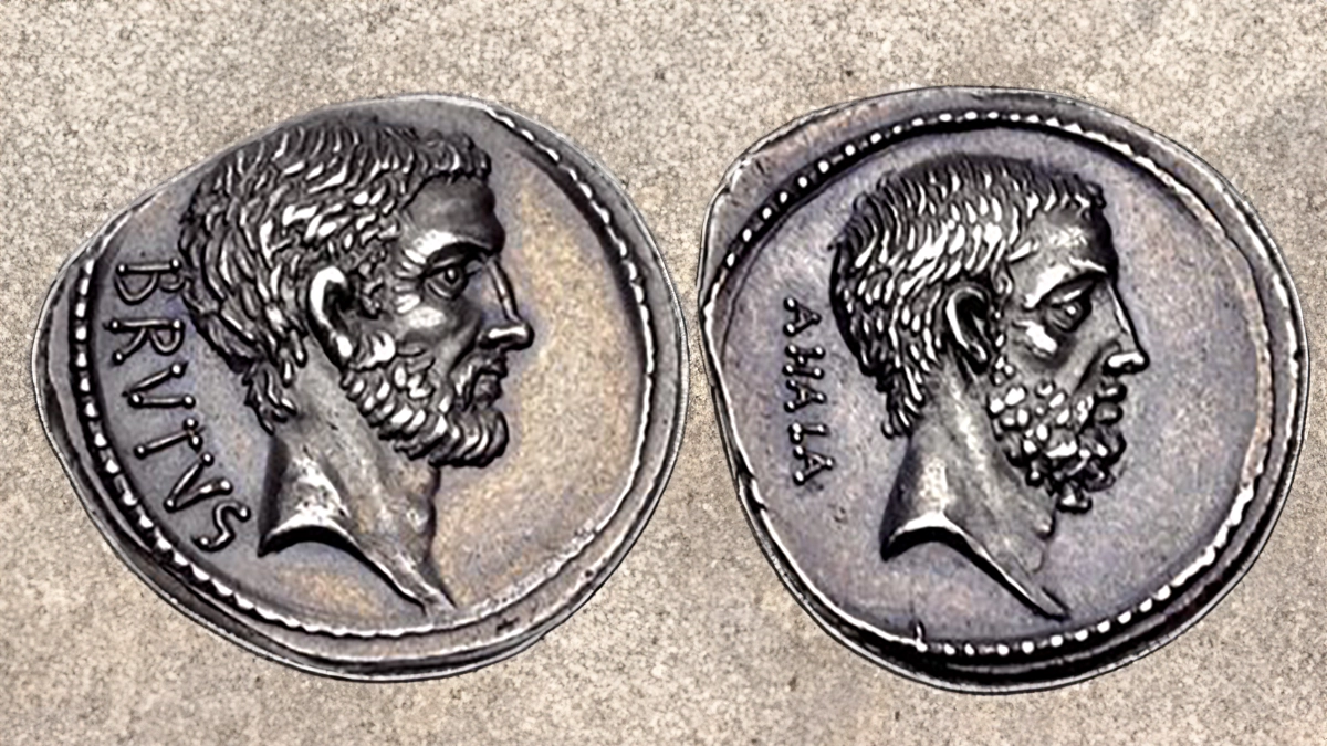 Rome: Republic. Q. Servilius Caepio (M. Junius) Brutus. 54 BCE. AR Denarius (20mm, 4.11 g, 4h). Rome mint. Obverse: Bare head of L. Junius Brutus right, BRVTVS behind. Reverse: Bare head of C. Servilius<br srcset=