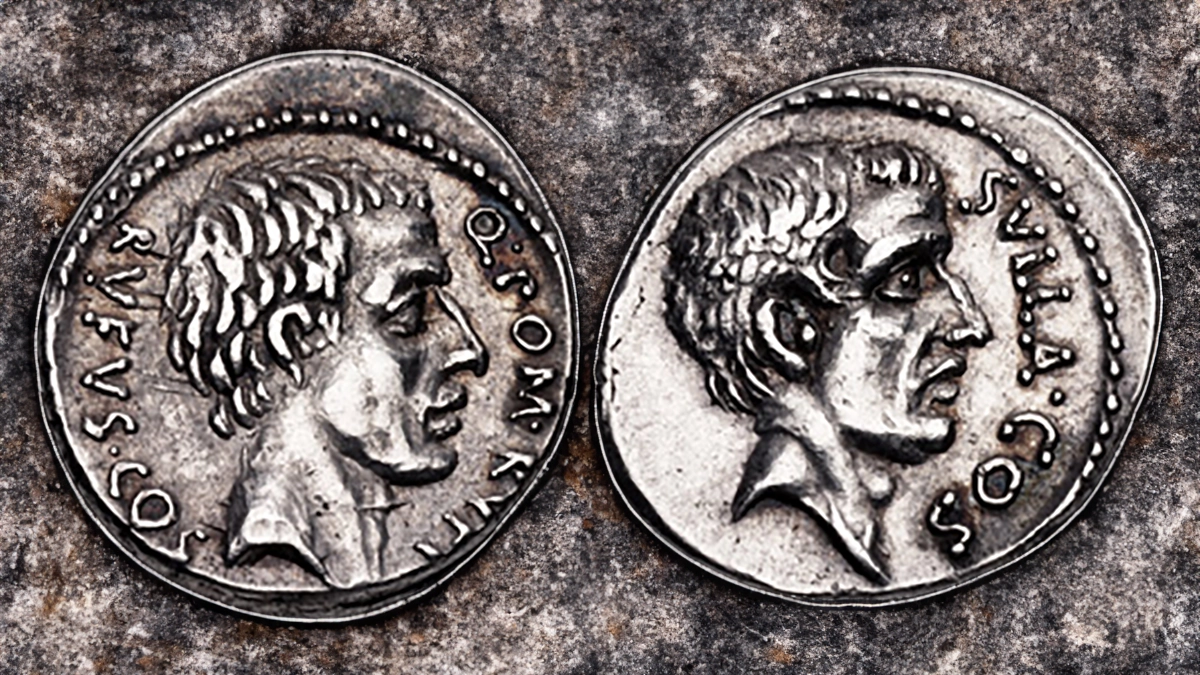 Rome: Republic. Q. Pompeius Rufus. 54 BCE (traditional dating; one authority suggests the coin wasminted in 58 BCE). AR Denarius (17mm, 3.57 g, 3h). Rome mint. Obverse: Bare head of the consul Q.
Pompeius Rufus right, Q • POM • RVFI downward to right, RVFVS • COS downward to left . Reverse:
Bare head of Sulla right, SVLLA • COS downward to right.
