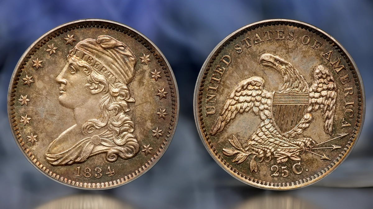 1834 Capped Bust Quarter Proof, B-2. Image: Goldberg Auctioneers / CoinWeek.
