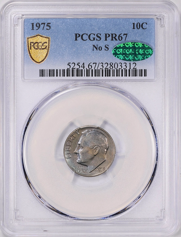1975 No S Roosevelt Dime graded PCGS PR67 CAC. Image: GreatCollections.