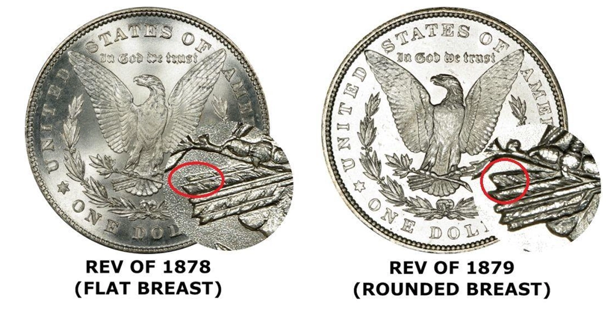 Two reverse types used for 1878 dated Morgan dollars