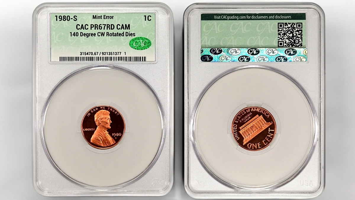 1980-S Lincoln Memorial Cent Proof Misaligned Die Error. Image: CAC/CoinWeek.