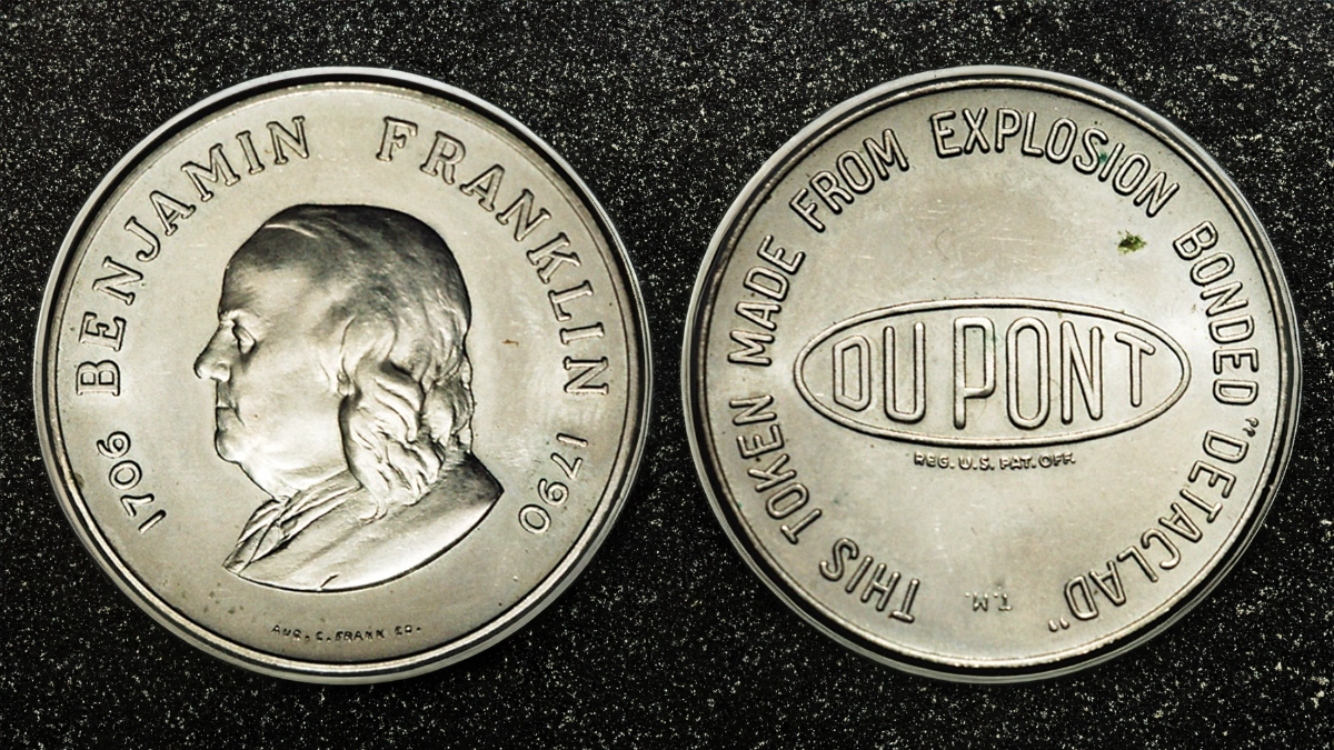 Benjamin Franklin “Detaclad” laminate token produced by August Frank Co. for DuPont, 1965. Weight is 5.87 grams. (Courtesy heritage Auctions.)