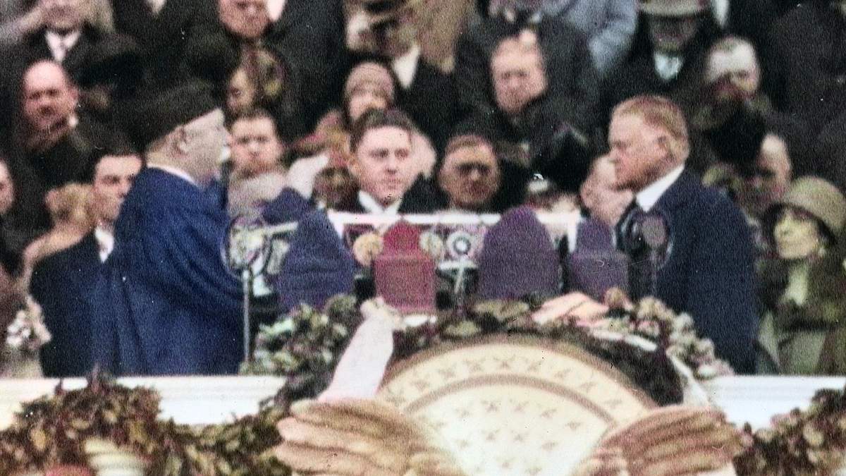 Herbert Hoover takes the Oath of Office. Image: Library of Congress / Public Domain / Colorized by CoinWeek.