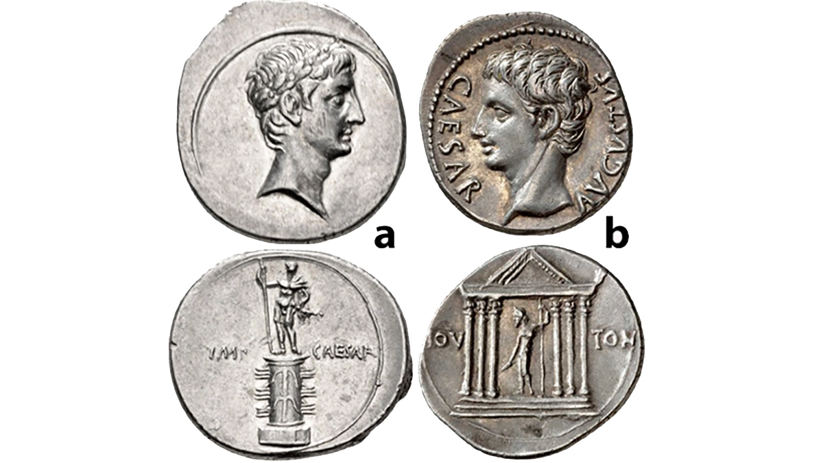 Figure 3: Augustus. 27 BCE-CE 14: a) The Triumvirs. Octavian. Autumn 30-summer 29 BCE.AR Denarius (4.01 g.). Uncertain mint in Italy (Rome?). Laureate head of Octavian, as Apollo,
right / Rostral column ornamented with two anchors and six beaks of galleys, surmounted by a
statue of Octavian, holding spear and parazonium, RIC I 271; b) AR Denarius (3.83 g.), 19 BCE,

Colonia Patricia (?). Head of Augustus left / Temple of Jupiter Tonans on the Capitol, six-
columned temple front on a three-tiered podium, inside a naked Jupiter standing to the left with a

bundle of lightning in his right hand and a scepter in his left hand, RIC 64.