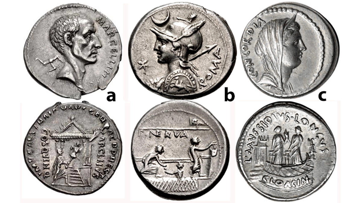 Figure 2: Ancient Roman Republic: a) Restored issue of M. Claudius Marcellus by Trajan, CE107 or 112/113, AR Denarius (3.47 g), Rome. Bare head of the consul M. Claudius Marcellus
right; triskeles to left / M. Claudius Marcellus advancing right, carrying trophy into tetrastyle
temple of Jupiter Feretrius. RIC I 809; b) P. Nerva. 113-112 BCE. AR Denarius (3.91 g.). Rome
mint. Helmeted bust of Roma left, holding shield and spear; crescent above, mark of value to left
/ Three citizens voting on comitium: one voter receives ballot from attendant below, another voter
places ballot in cista. Crawford 292/1: c) L Mussidius Longus AR Denarius, (42 BCE).
Diademed & veiled bust of Concordia right / Platform inscribed CLOACIN on which there are

two statues of Venus Cloacina. Cr494/42a.