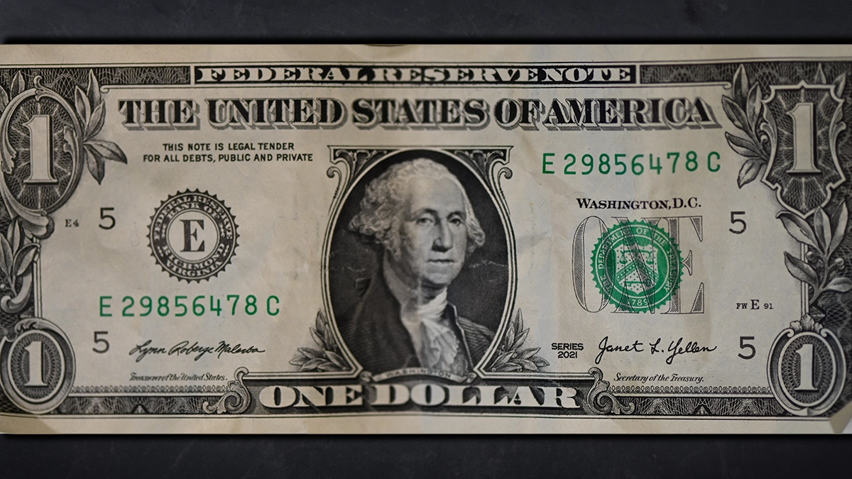 A circulated Series 2021 $1 Federal Reserve Note.