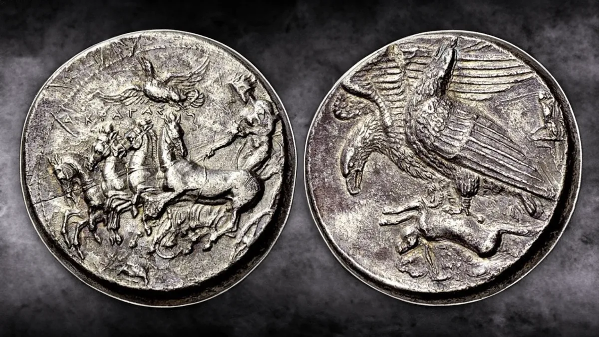 Silver Decadrachm, c 409-406, 42.42 g. Wealth of the Ancient World 77 (this coin). Image: Numismatica Ars Classica / CoinWeek.