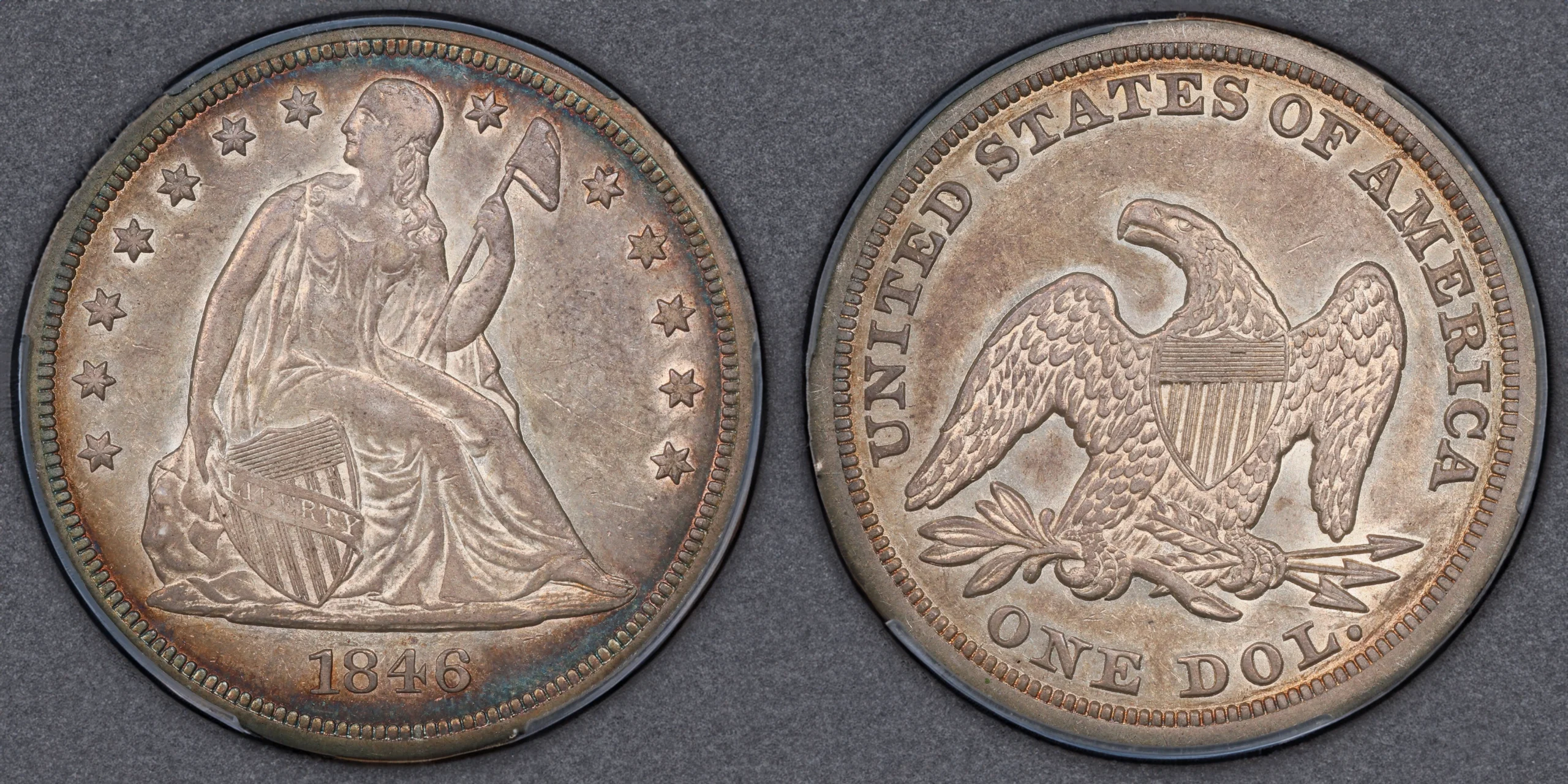 CACG AU55 1846 Liberty Seated Dollar. Image: GreatCollections / CoinWeek.