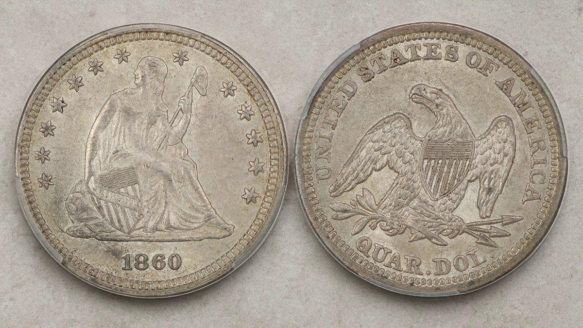 CAC-approved AU58 1860 Liberty Seated Quarter. Image: DLRC / CoinWeek.