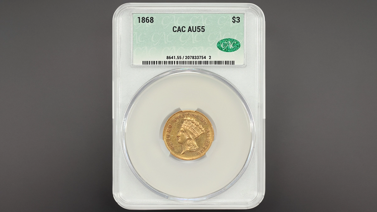 CACG AU55 1868 Three-Dollar Gold. Image: DLRC / CoinWeek.
