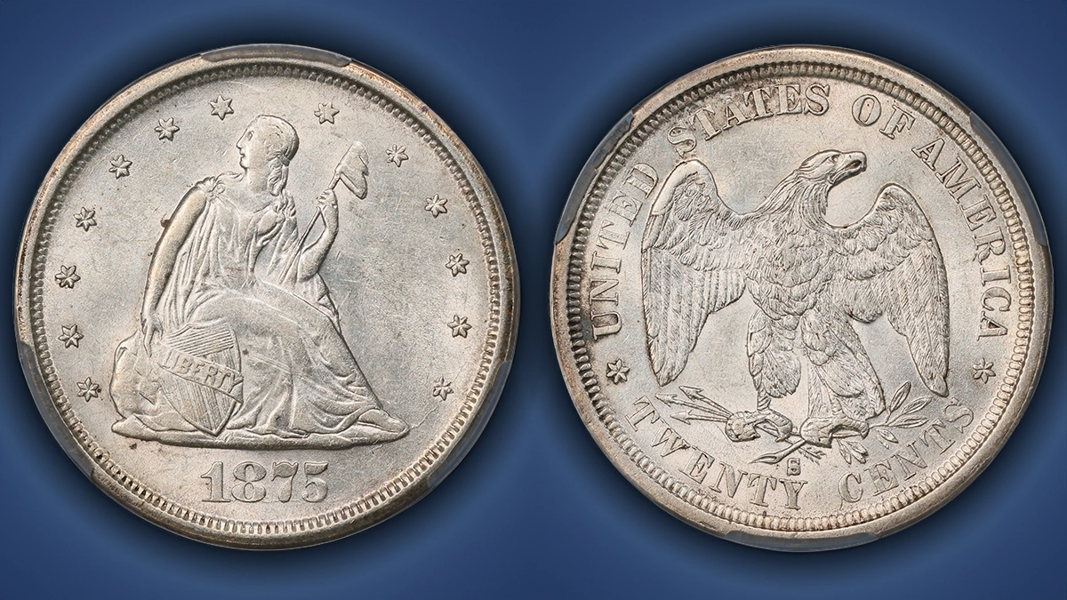 CACG AU58 1875-S Twenty-Cent Piece. Image: GreatCollections / CoinWeek.