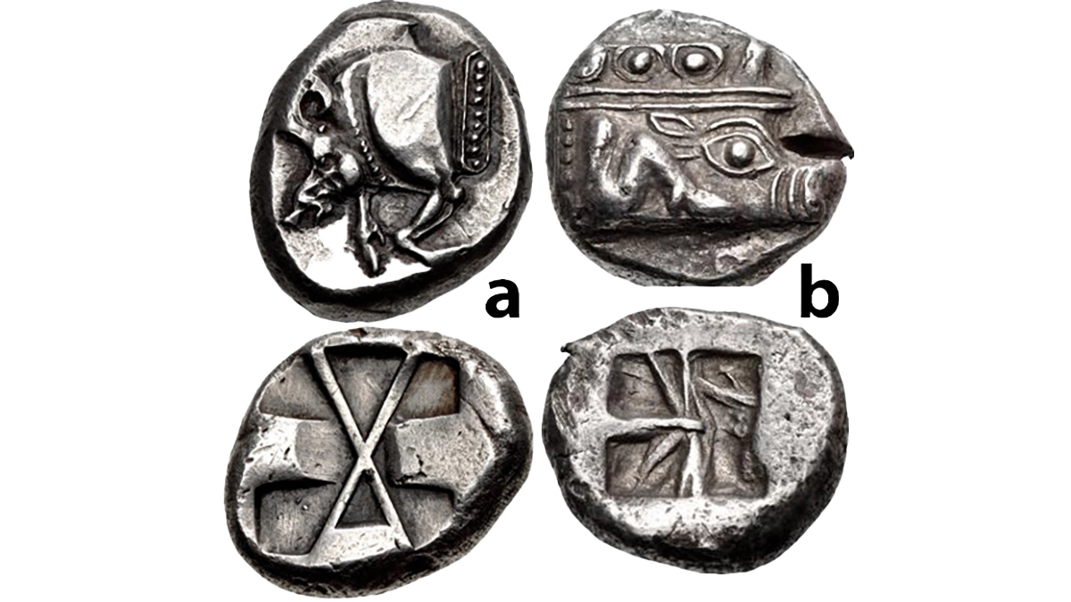 Figure 2: Lycia, Pre-Dynastic AR Staters: a) Uncertain. Circa 520-470/60 BCE, 9.23 g. Forepart of boar left / Incuse square, with indentations on three sides, divided by large X, SNG Copenhagen 4; b) Phaselis, Circa 530-500 BCE, 10.95 g. Prow of galley right, terminating in a boar's forepart: below, small dolphin right / Incuse square with irregular lines, SNG von Aulock 4390.