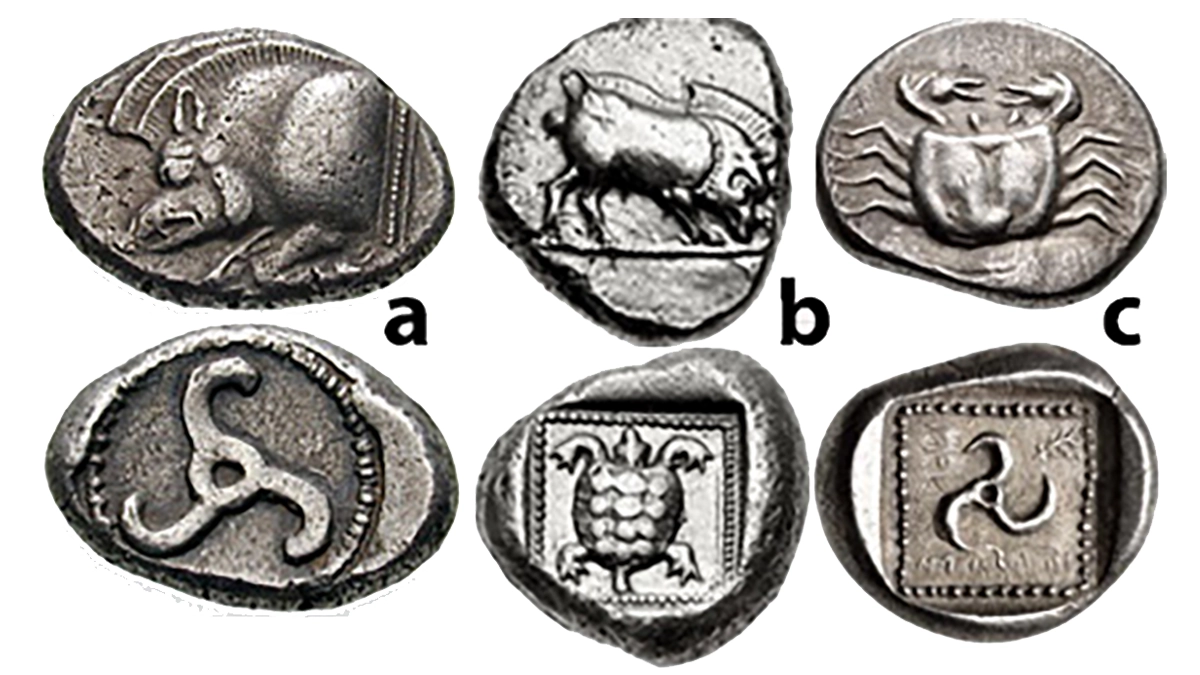 Figure 3: Lycian Staters. a) Uncertain Dynast. Circa 500-460 BCE, 9.05 g. Forepart of boar left / Triskeles within incuse circle; b) Uncertain dynast. Circa 490/80-440/30 BCE, 9.23 g. Boar standing right on ground line / Tortoise in dotted square border within incuse square; and c) Amartite. Circa 490/80-440/30 BCE, 9.69 g. Crab / Triskeles, uncertain or partial legend around within incuse square.