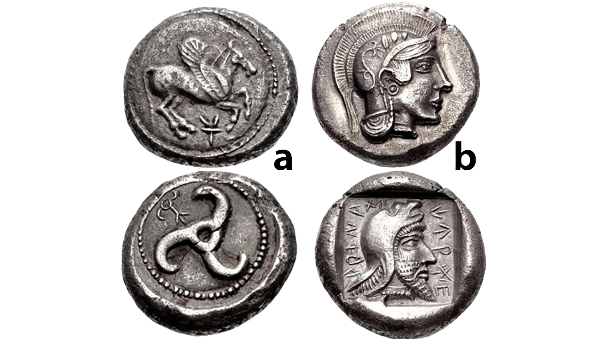 Figure 4: Lycian Staters. a) Khinakha. Circa 440/30-400 BCE, 9.86 g. Uncertain mint (possibly Limyra). Pegasos flying right; monogram below / Large triskeles within dotted circle within shallow incuse circle; and b) Kherei. Circa 410-390 BCE, 8.50 g. Xanthos (as Arnna) mint. Helmeted head of Athena right / Head of Kherei right, wearing Persian tiara within incuse square.