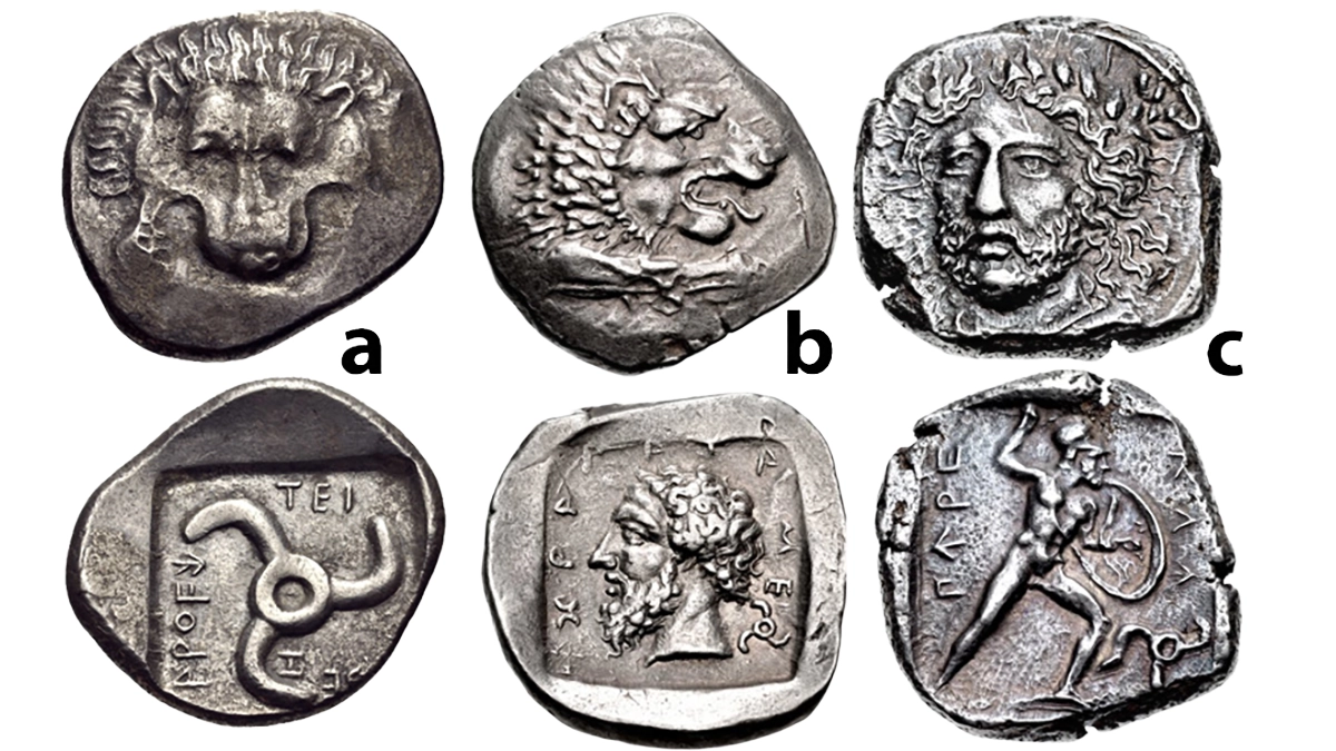 Figure 5: Lycian Staters, a) Aruvätijesi. Circa 390-370 BCE. 9.56 g. Facing lion scalp / Triskeles, Lycian legend around, all within square incuse; b) Mithrapata. Circa 390-3/0 BCE, 9.06 g. Forepart of lion right / Head of Mithrapata left; MITHRAP-A-I-A in Lycian around, triskeles to lower right, all within incuse square; c) Perikles. Circa 380-360 BCE, 9.90 g. Struck circa 380-375 BC. Head of Perikles facing slightly left / Warrior, nude wearing Corinthian helmet, PERI-KLE (in Lycian) around, triskeles to lower right, all within shallow incuse square.