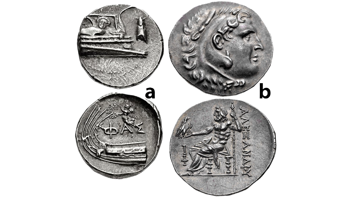 Figure 6: Lycia, Phaselis, Civic issues. a) 4th century BCE, AR Stater, 10.41 g. Prow of galley right, decorated with facing gorgoneion, cicada upward / Stem of galley left; above, Nike flying left, holding wreath in both hands; and b) Circa 209/8 BCE. AR Tetradrachm, 16.43 g. In the style of Alexander III of Macedon. Head of Herakles right, wearing lion skin / Zeus Aëtophoros seated left.