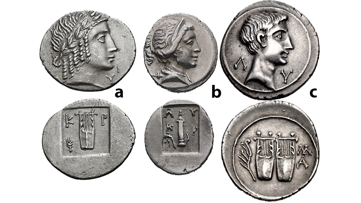 Figure 8: Lycian League, a) Kragos mint, Circa 30-27 BCE. AR Hemidrachm, 1.83 g. Laureate head of Apollo right / Kithara, grain ear to left; all within incuse square; b) Kragos mint. Circa 27-20 BCE, AR Quarter Drachm, 0.99 g. Draped bust of Artemis to right, quiver at shoulder / A-Y /K-P, Quiver with filleted palm branch in left field, all within incuse square; and c) Augustus. 27 BCE-CE 14. AR Drachm, 3.53 g. Masicytus mint. Struck circa 27-19/8 BCE. Bare head right; L-U across field / Two lyres; aplustre to left, M/A to right.