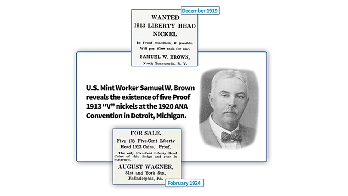 This is an image that shows Samuel Brown's ownership and announcement of the 1913 Nickel.