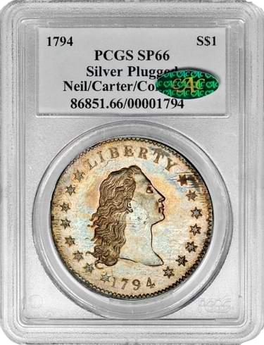 1794 Flowing Hair Silver Dollar. B-1, BB-1, the only known dies. Rarity-4. BB Die State I. Silver Plug. Specimen-66 (PCGS). CAC.