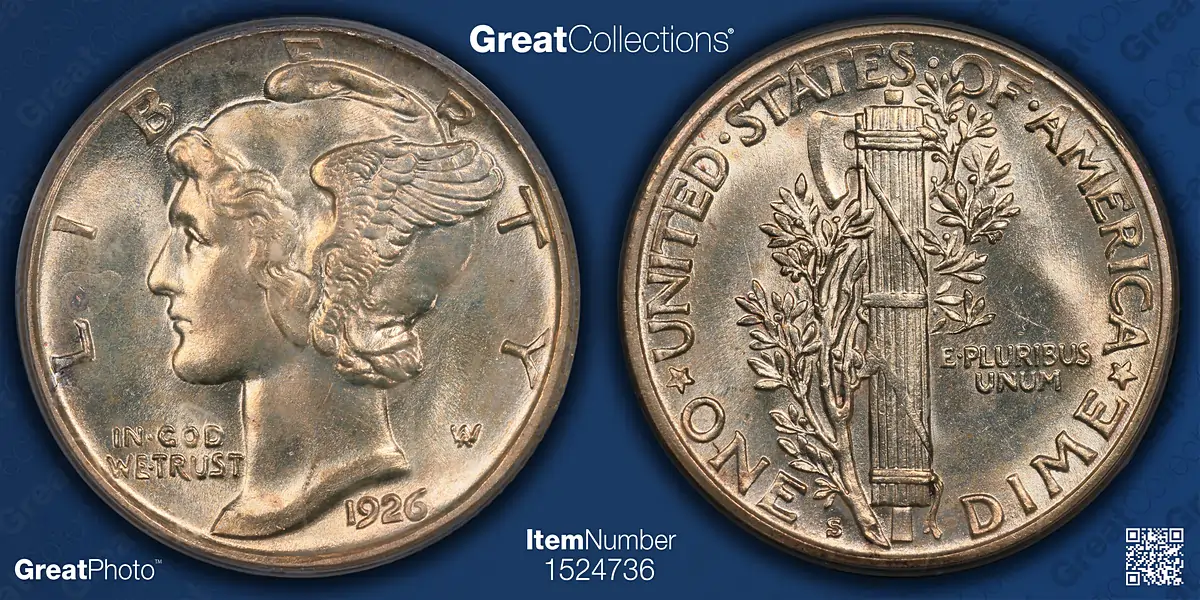 Photo by Great Collections - 1926-S Mercury Dime PCGS MS-64