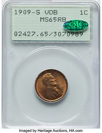 1909-S VDB Cent, MS65 Red and Brown CAC-Stickered, Rattler Holder