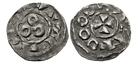 Coins of Medieval Spain - Cataluña. Barcelona (county). Borrell II. 947-992. Diner (14mm, 0.60 g). Short cross pattée / Three annulets. Crusafont 1814 - Classical Numismatic Group > Electronic Auction 531 - 25 January 2023