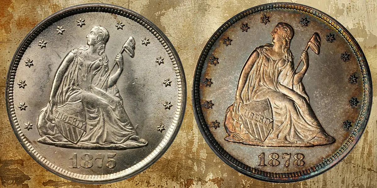 Twenty Cent Pieces - Coin Photos bt Stac's Bowers - Image by CoinWeek - 1875-cc MS and 1878 Proof