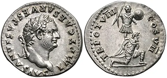 Roman denarius depicting Titus, c. 79. The reverse commemorates his triumph in the Judaean wars, representing a captive kneeling in front of a trophy of arms.