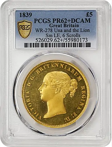 Gold "Una and the Lion" 5 Pounds Pattern, 1839. London Mint. Victoria. PCGS PROOF-62+ Deep Cameo.